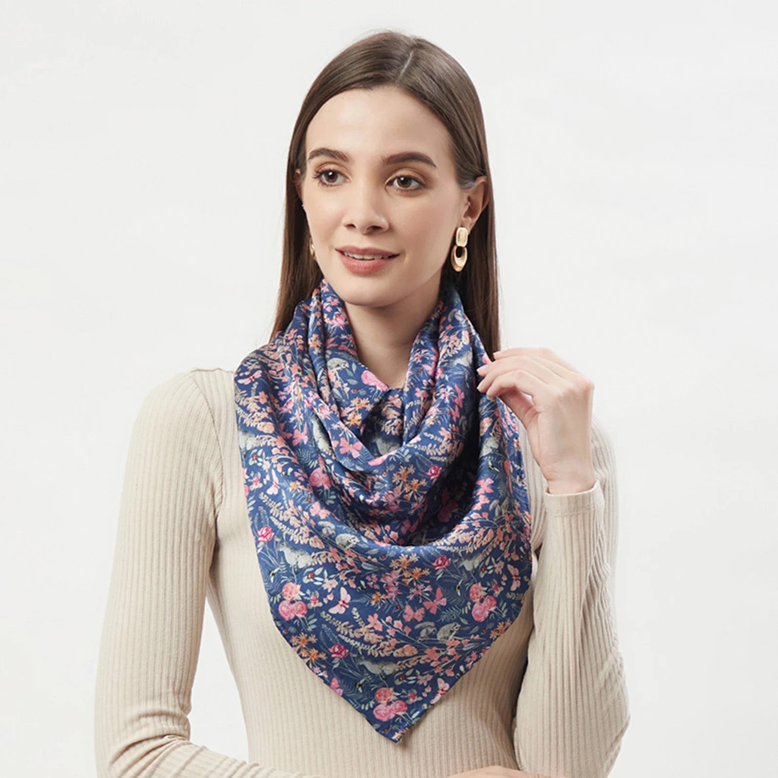 Blue Botanical Print - Large Square Silk Scarf_Just Makers