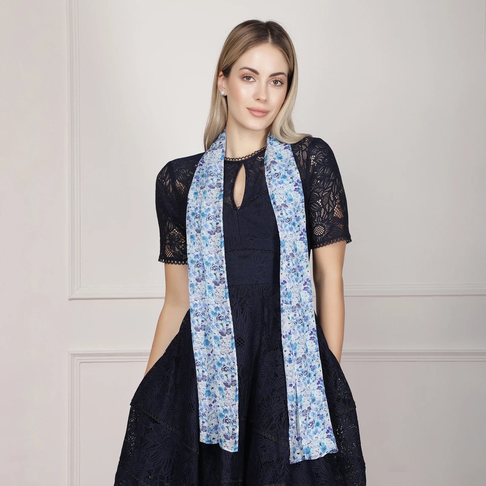 Blue Ditsy Floral Chiffon Silk Scarf - Pattern Passion_Just Makers