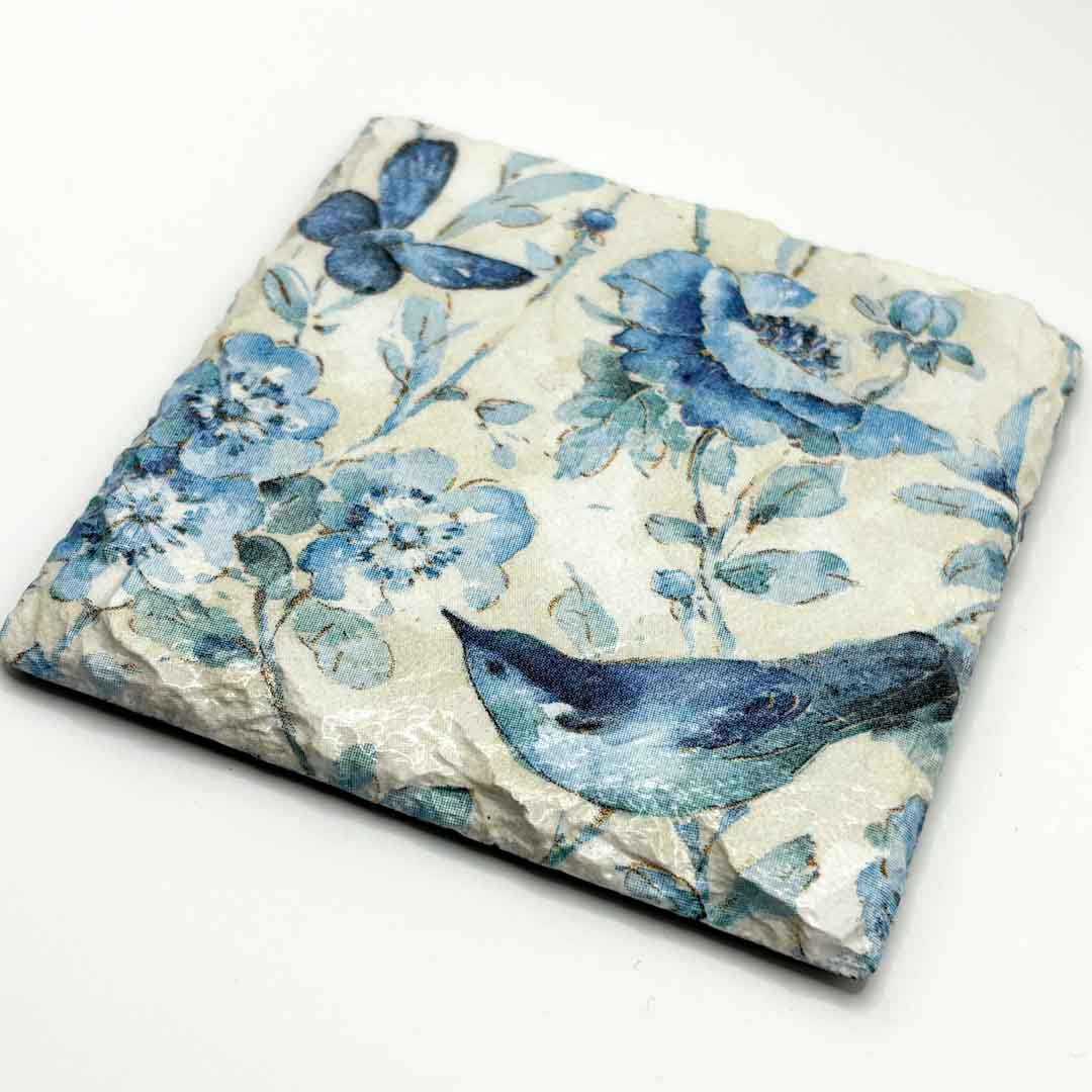 Blue Flowers and Bird Coaster Slate - Sarah Tustin_Just Makers