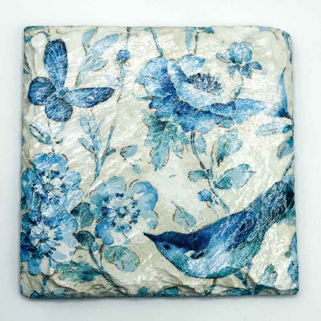 Blue Flowers and Bird Coaster Slate - Sarah Tustin_Just Makers