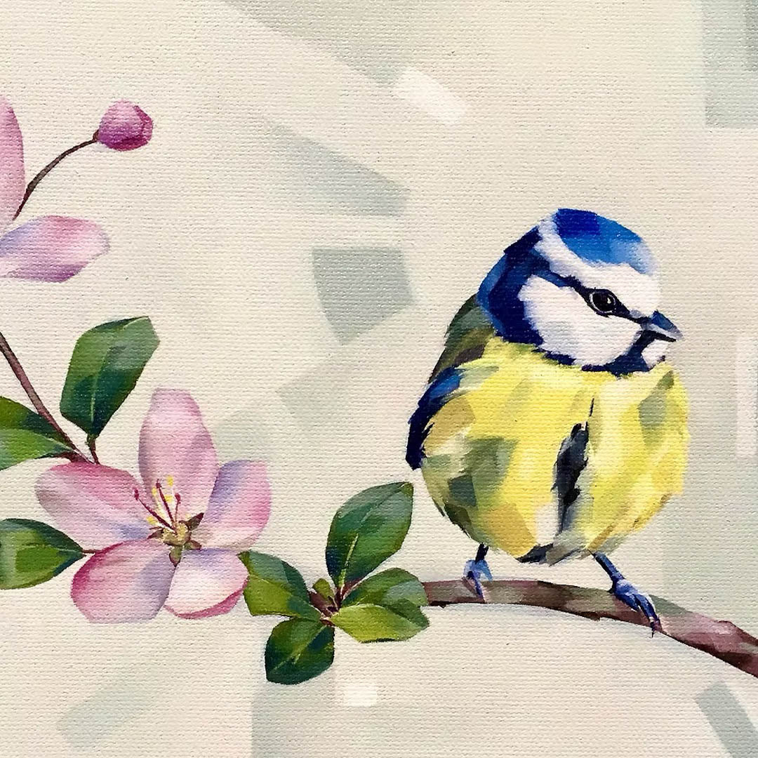 Blue tit on blossom greeting card by Katherine Whitby Art_Just Makers
