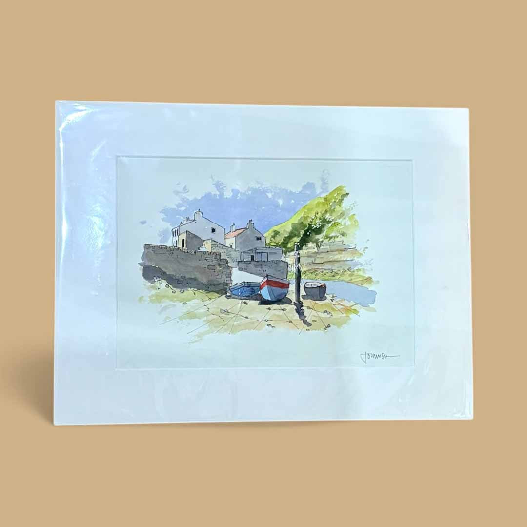 Boats on the Beck at Staithes Mounted Original Line and Watercolour - John Harrison_Just Makers
