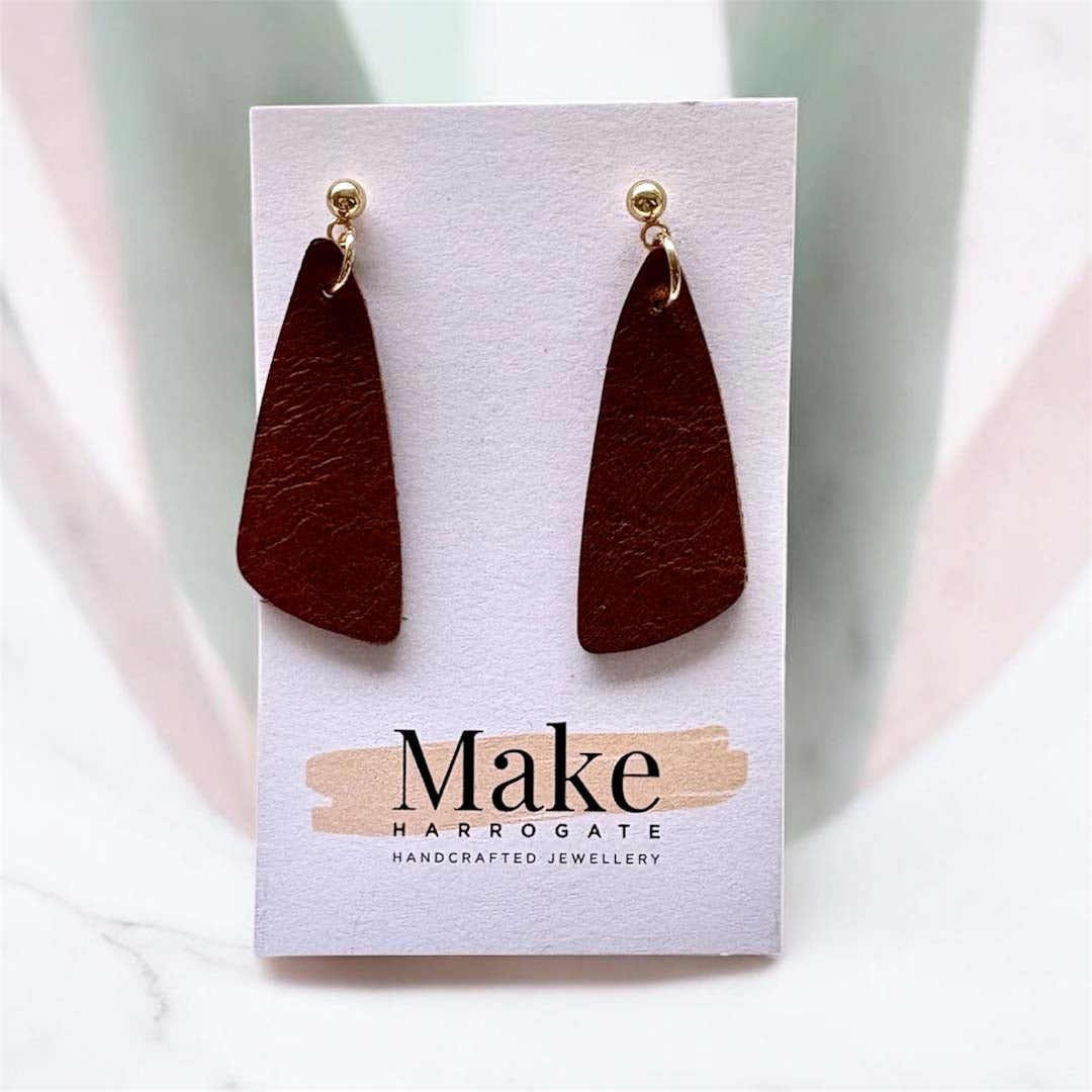 Brown Leather Ball Stud Dangly Earrings - Make Harrogate_Just Makers