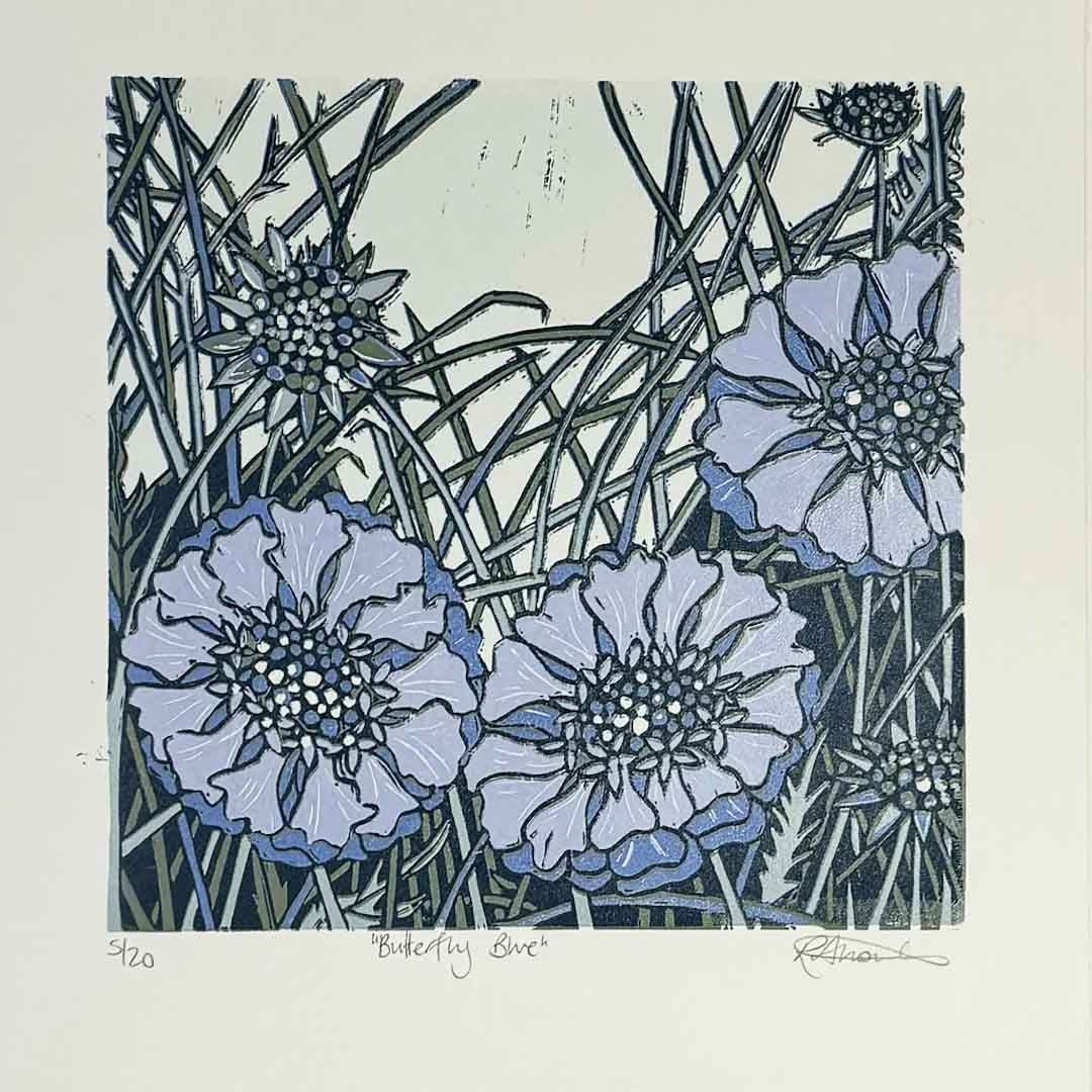 Butterfly Blue Linoprint Unframed Print - Just Makers Rachel Knowles