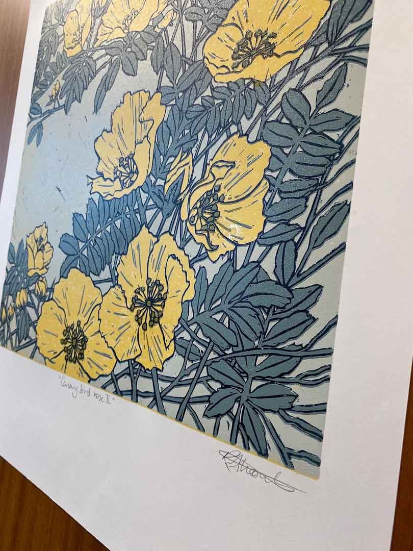 Canary Bird Rose II Unframed Linocut Print - Just Makers Rachel Knowles
