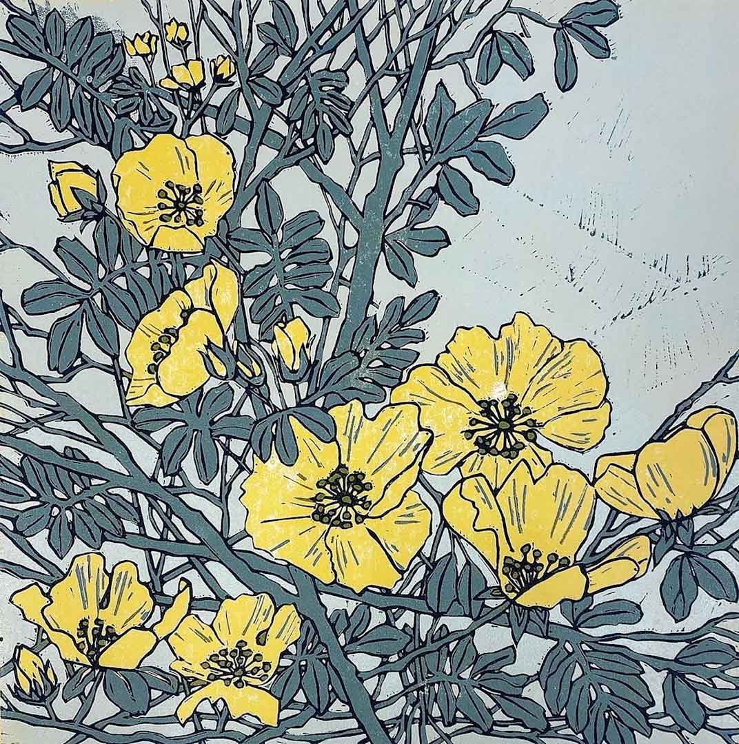 Canary Bird Rose I Unframed Linocut Print - Just Makers Rachel Knowles
