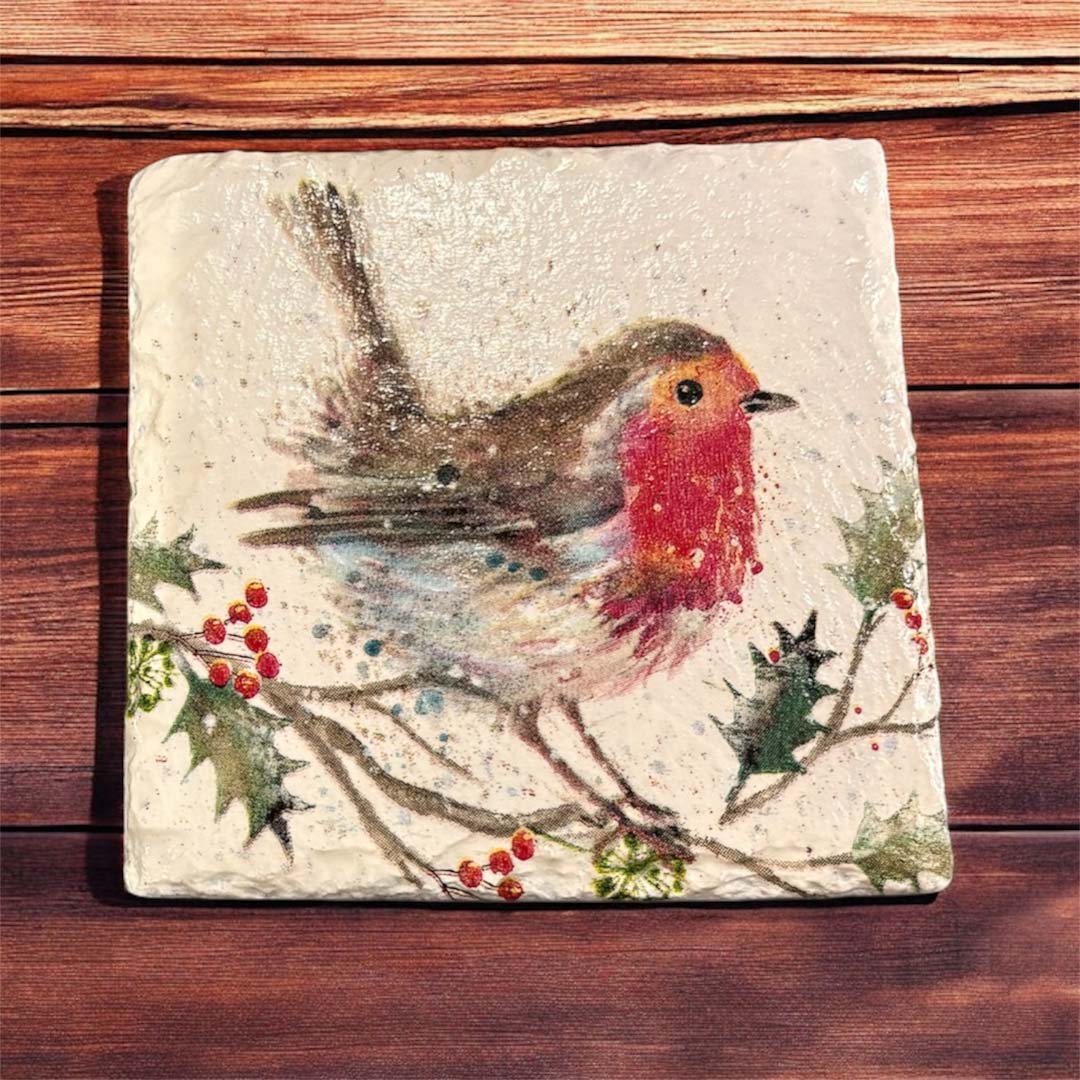 Christmas Robin Coaster Slate - Sarah Tustin_Just Makers