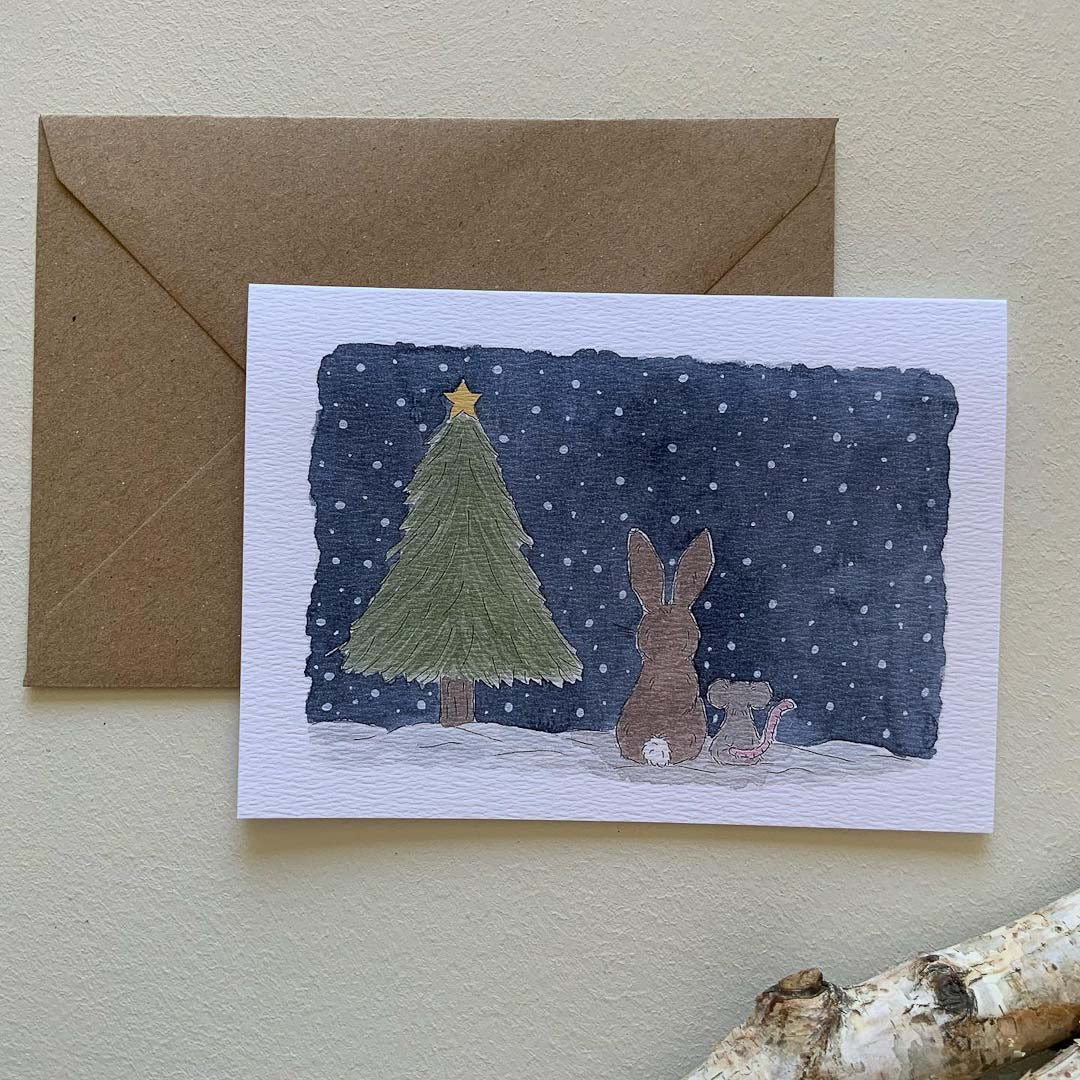 Christmas Tree Rabbit and Mouse Card - Bramble Wood & Co_just makers