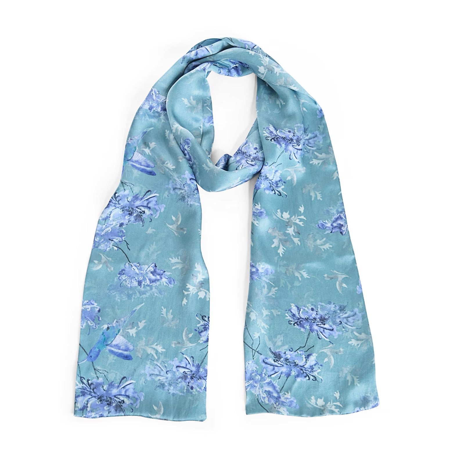 Chrysanthemum and Humming Bird Print 100% Silk Scarf - Pattern Passion_Just Makers