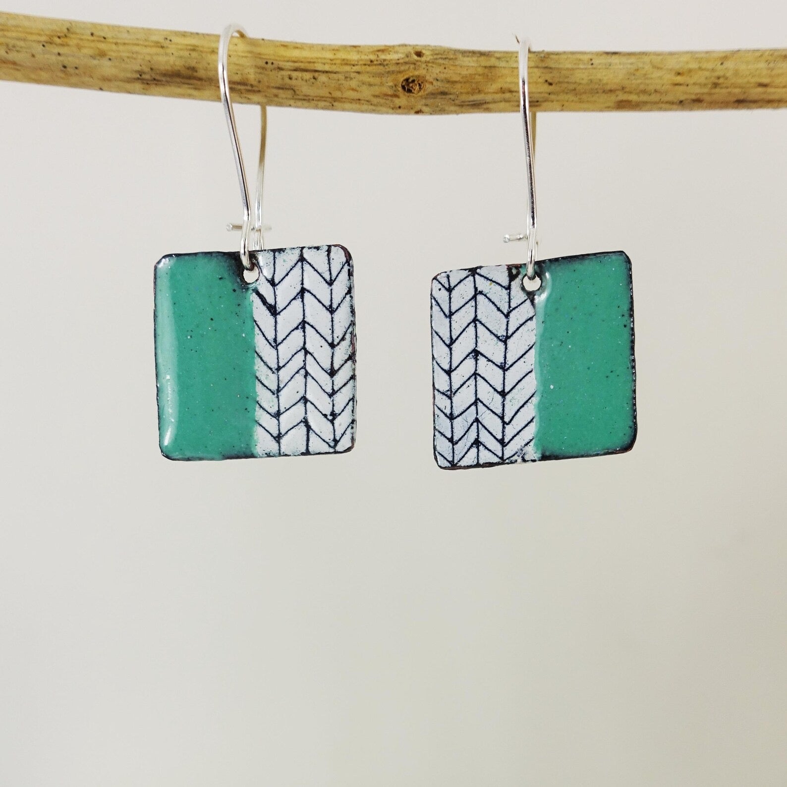 Copper Enamel Dangle Earrings: Mint, White & Black - 830 Degrees_Just Makers