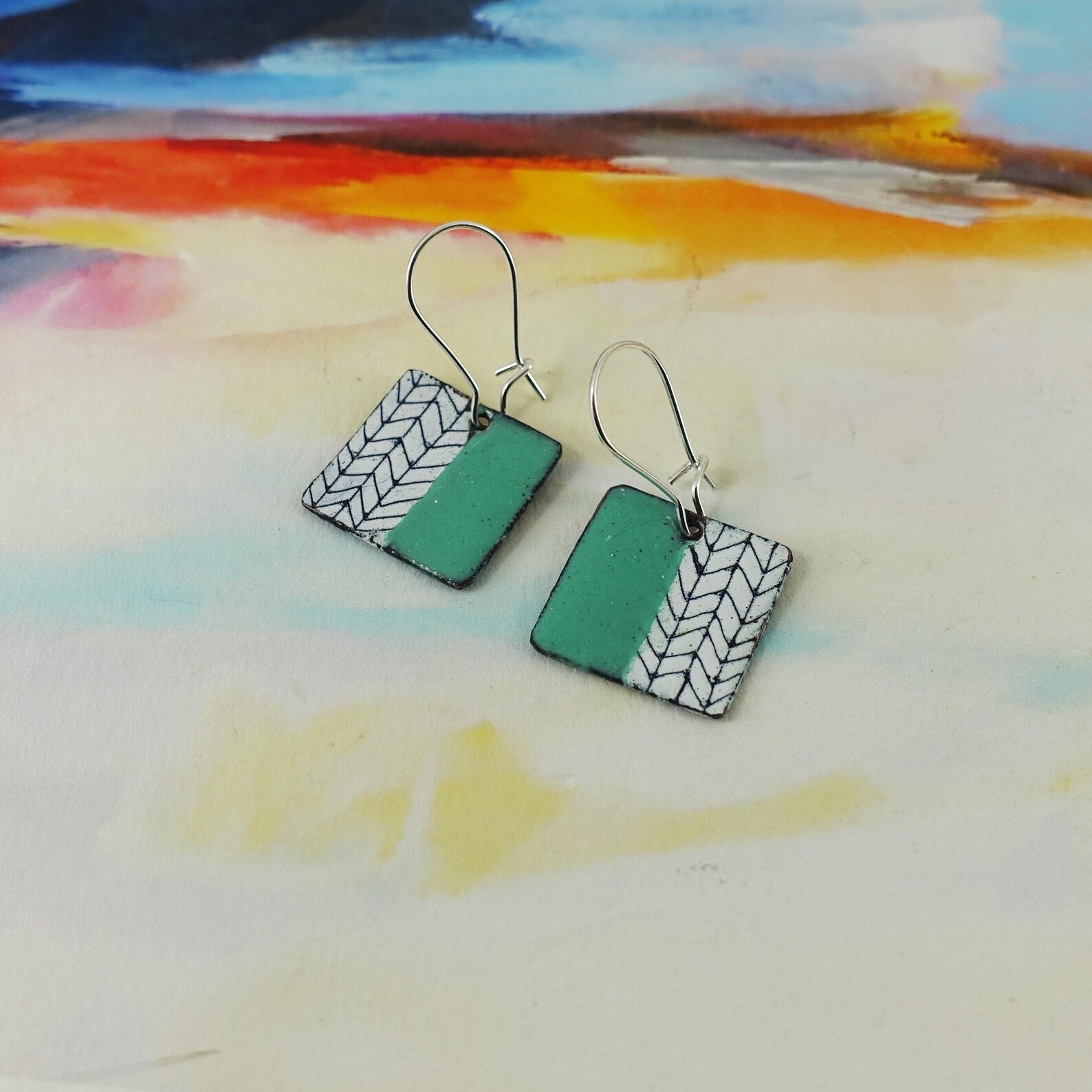 Copper Enamel Dangle Earrings: Mint, White & Black - 830 Degrees_Just Makers