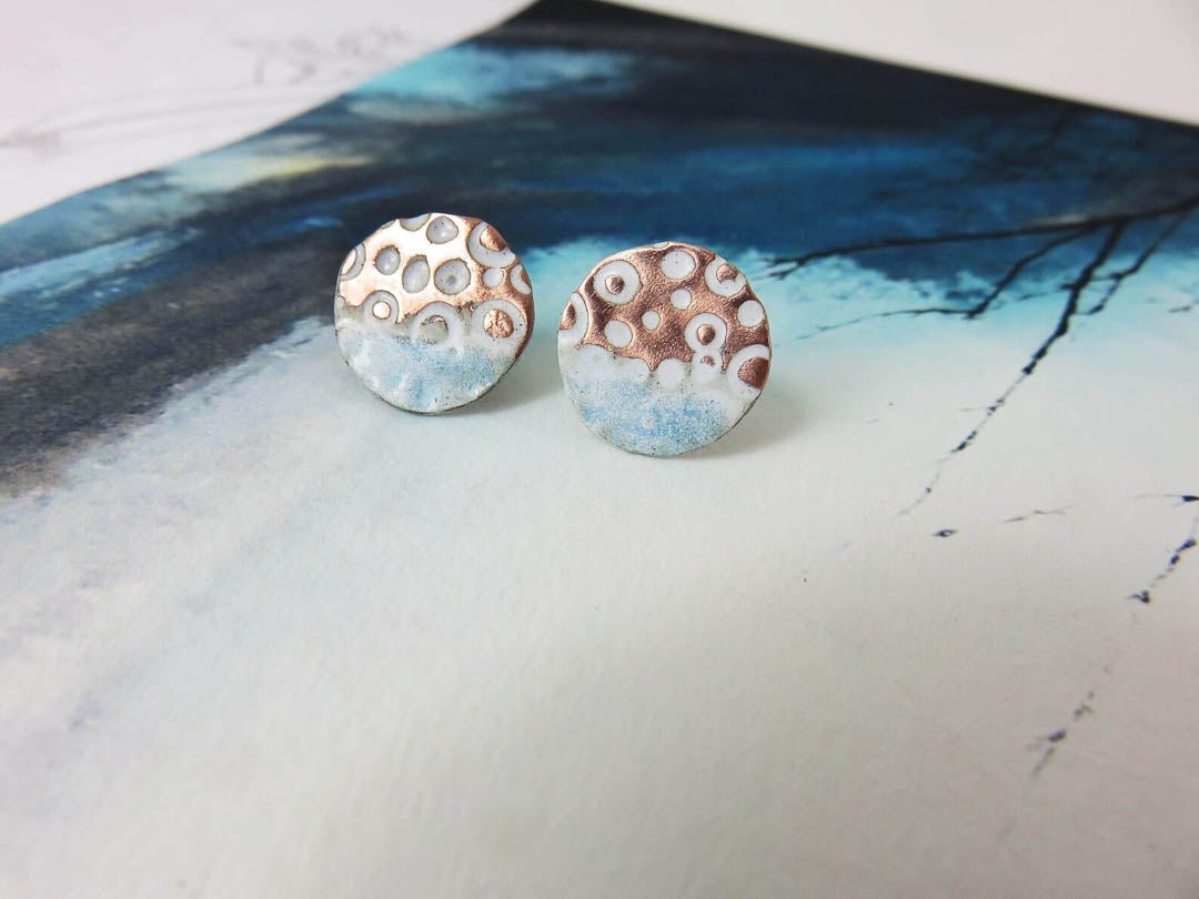 White and Turquoise Copper Enamel Stud Earrings by 830 Degrees - Just Makers 830 Degrees