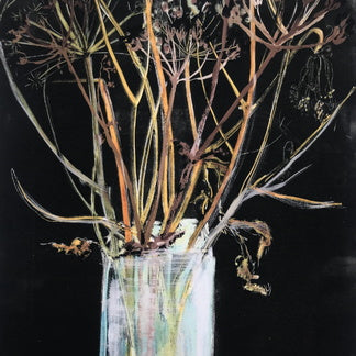 Dried plants in a glass vase against a black background_Gill Kirk_just Makers