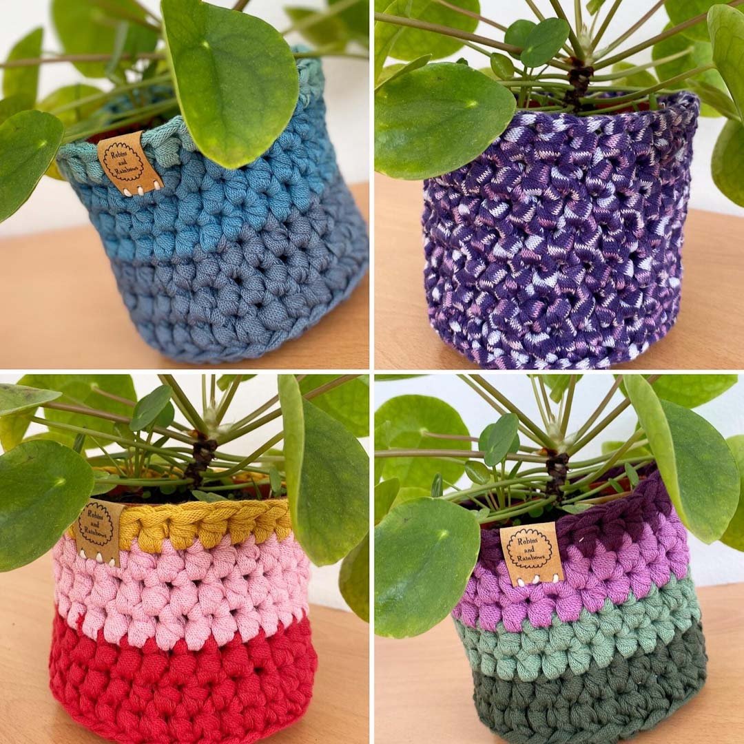 Crocheted Plant Pot Cover - Robins and Rainbows - Just Makers Robins and Rainbows