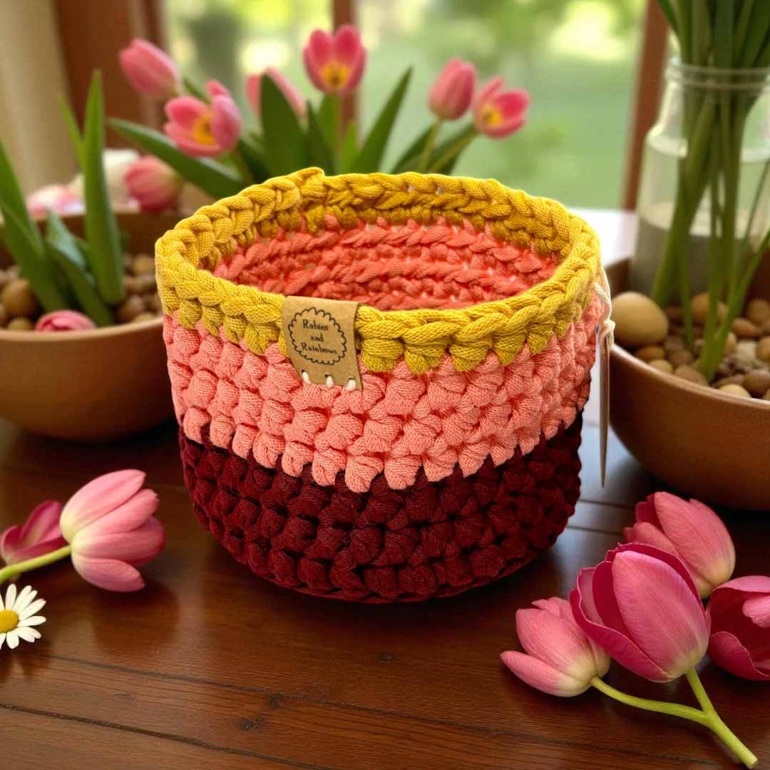Crocheted Plant Pot Cover - Robins and Rainbows - Just Makers Robins and Rainbows