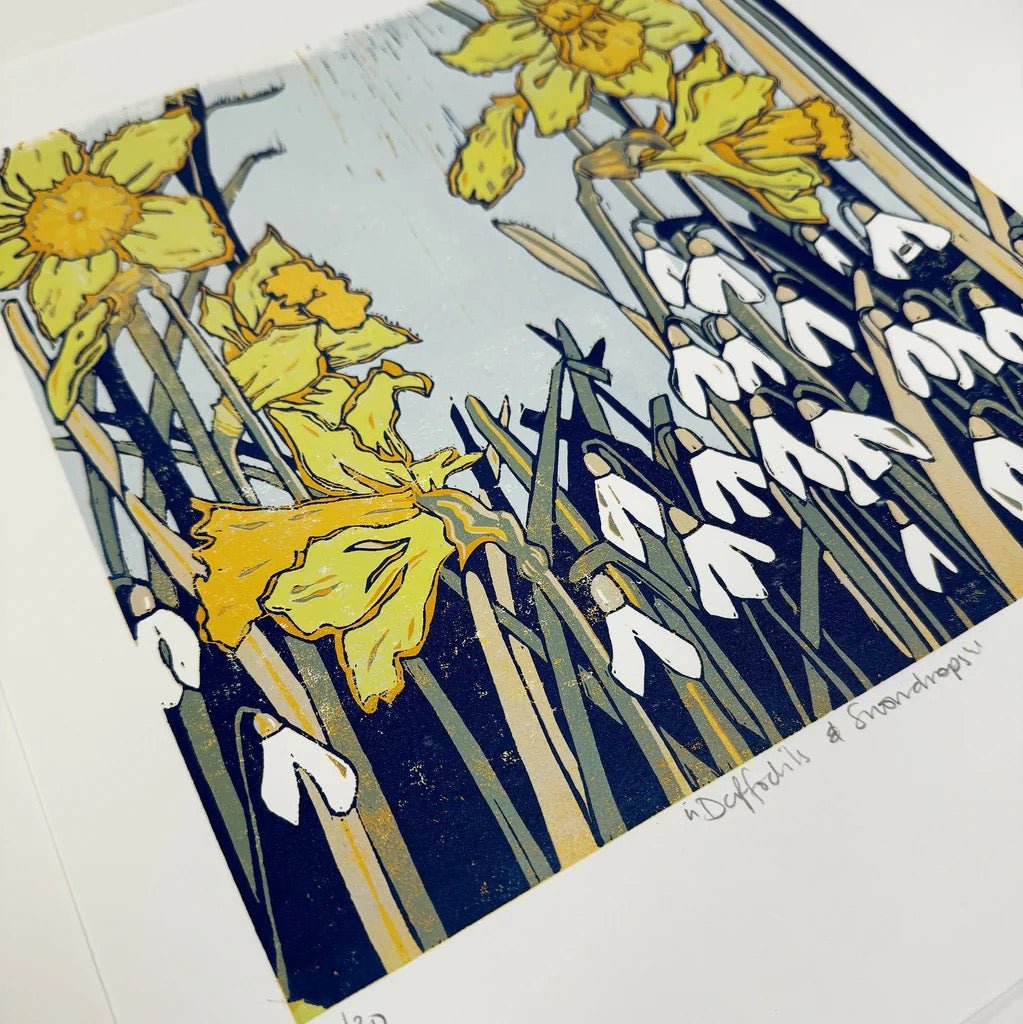 Daffodils and Snowdrops Unframed Linocut Print - Just Makers Rachel Knowles