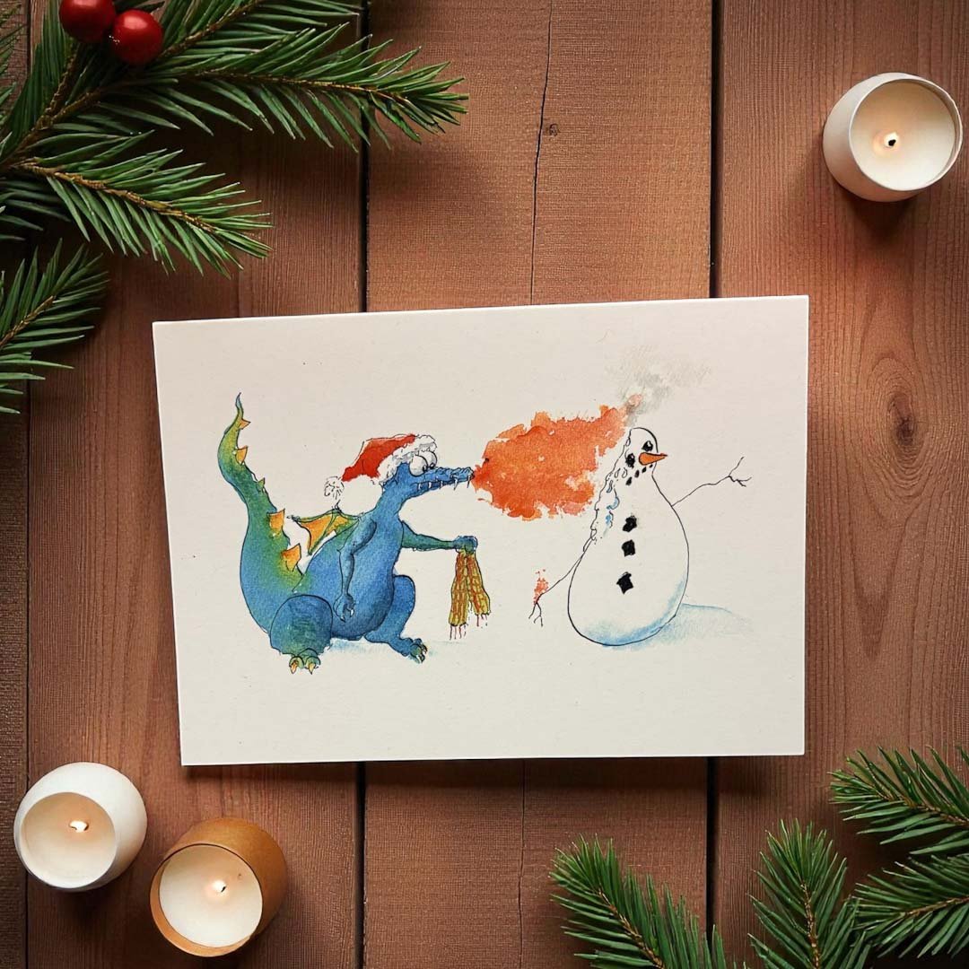 Dragon and the Snowman Greeting Card - Tim Gomersall Art - Just Makers Tim Gomersall Art