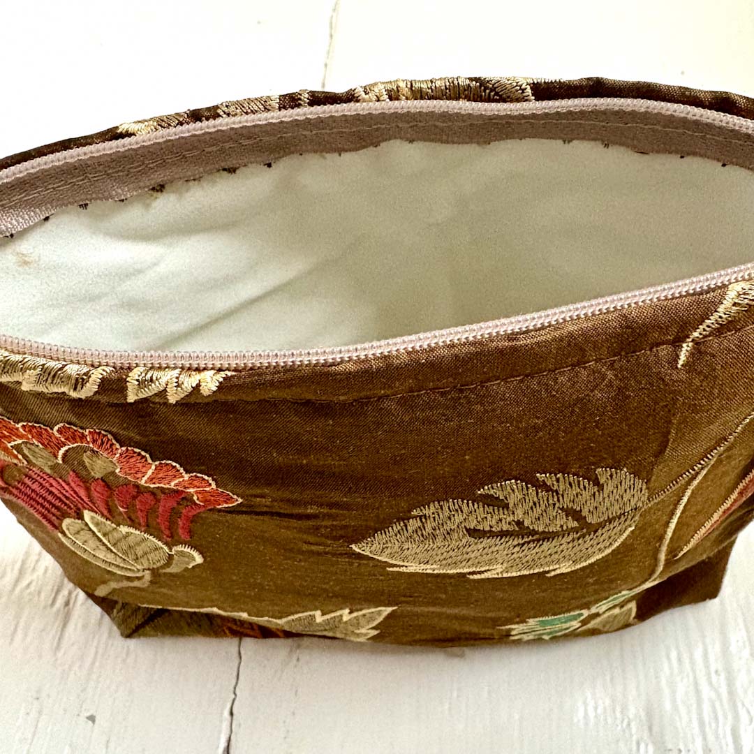 Embroidered Brown Floral Silk Make Up Bag Open - Amanda Scott_Just Makers