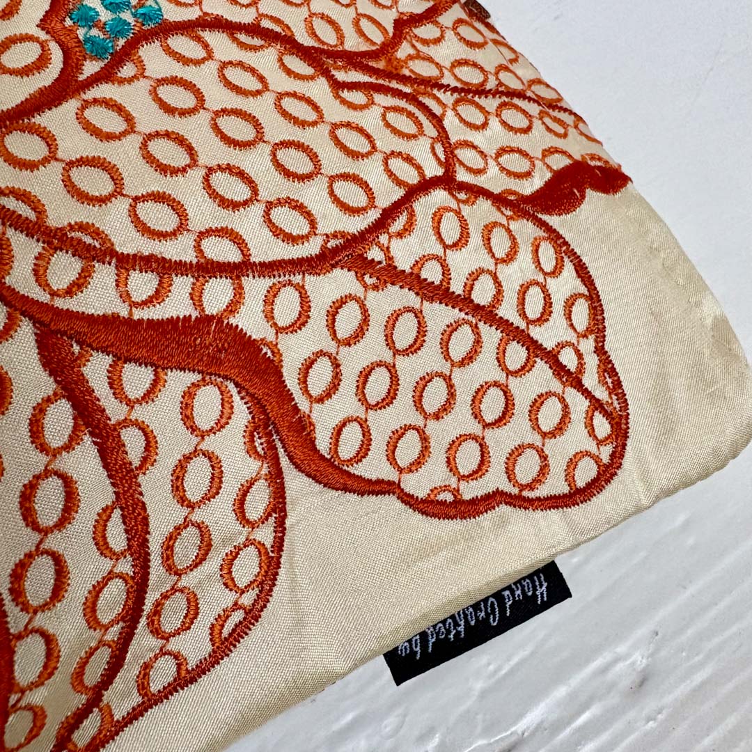 Embroidered Orange Floral Silk Make Up Bag Close Up - Amanda Scott_Just Makers