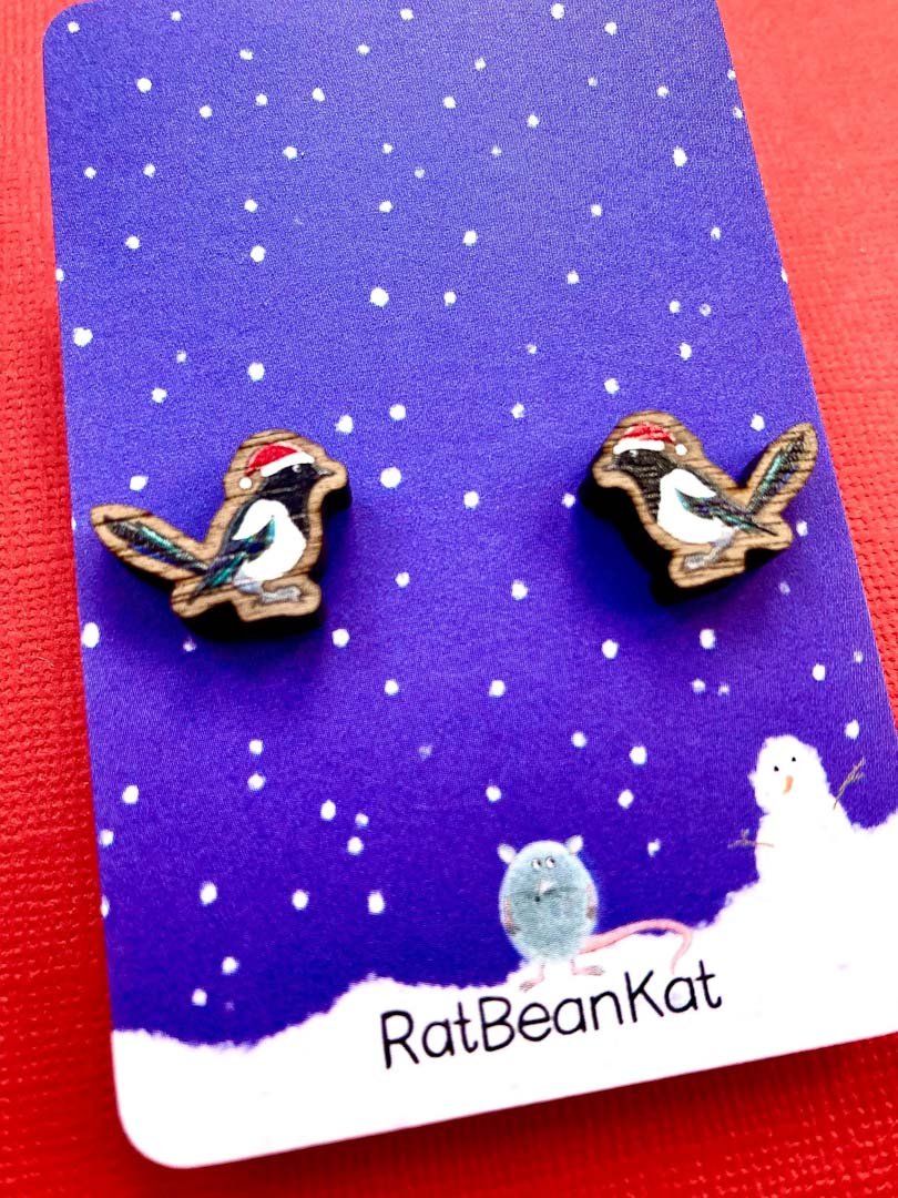 Festive Magpie Wooden Earrings - Rat Bean Kat - Just Makers Rat Bean Kat