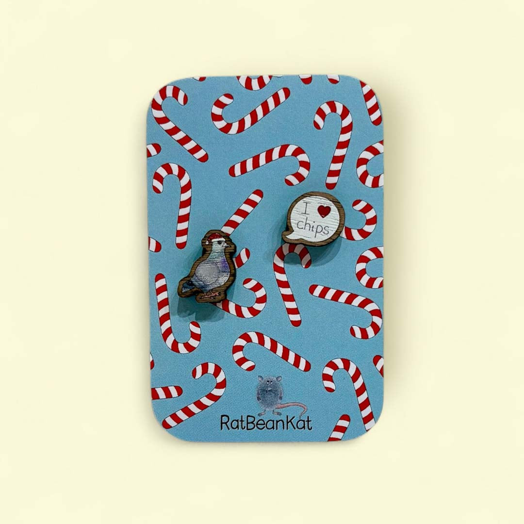 Festive Pigeon Loves Chips Wooden Earrings - Rat Bean Kat_Just Makers