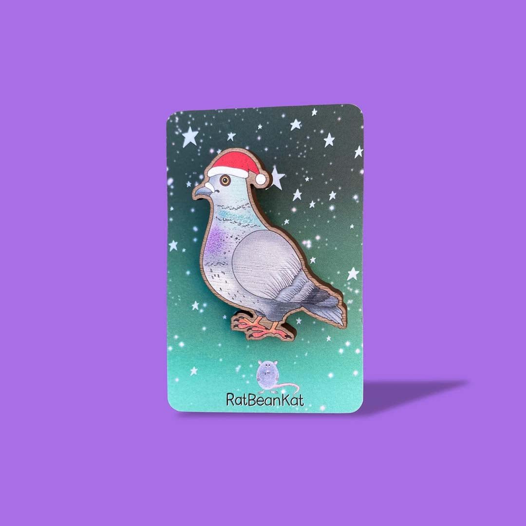 Festive Pigeon Wooden Brooch - Rat Bean Kat - Just Makers Rat Bean Kat