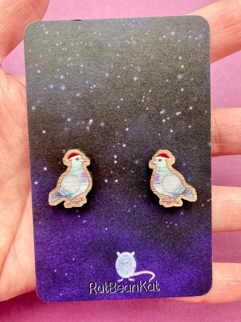 Festive Pigeon Wooden Earrings - Rat Bean Kat - Just Makers Rat Bean Kat