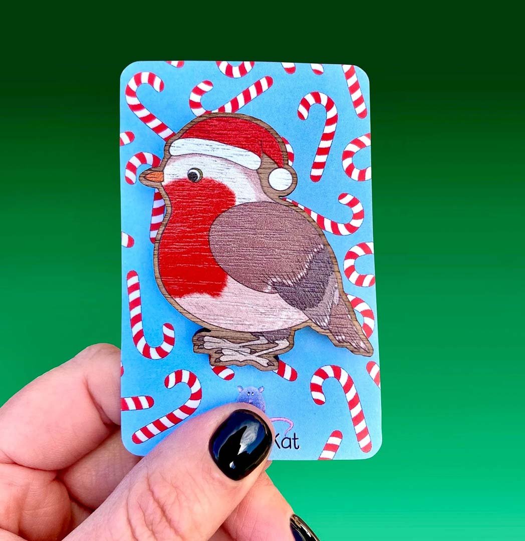 Festive Robin Wooden Brooch - Rat Bean Kat - Just Makers Rat Bean Kat