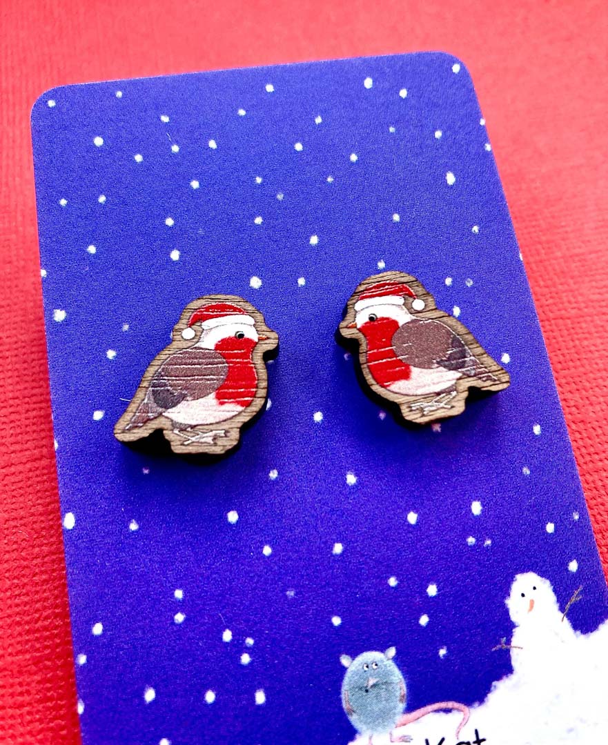 Festive Robin Wooden Earrings - Rat Bean Kat_Just Makers