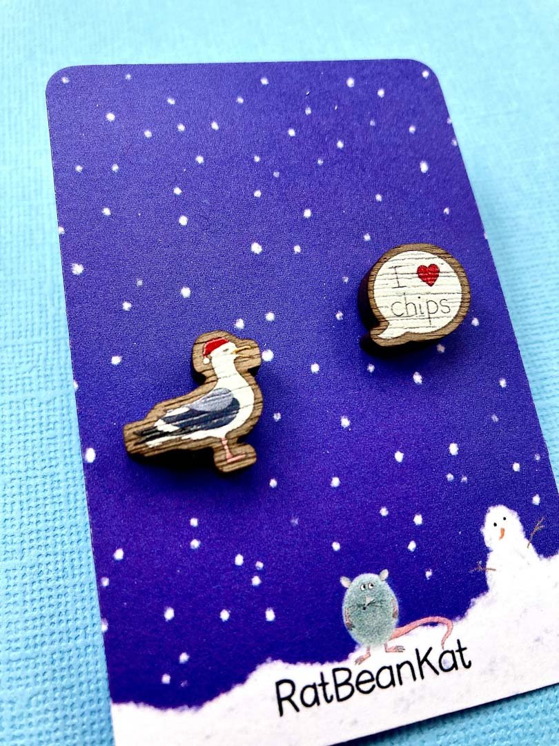 Festive Seagull Loves Chips Wooden Earrings - Rat Bean Kat - Just Makers Rat Bean Kat