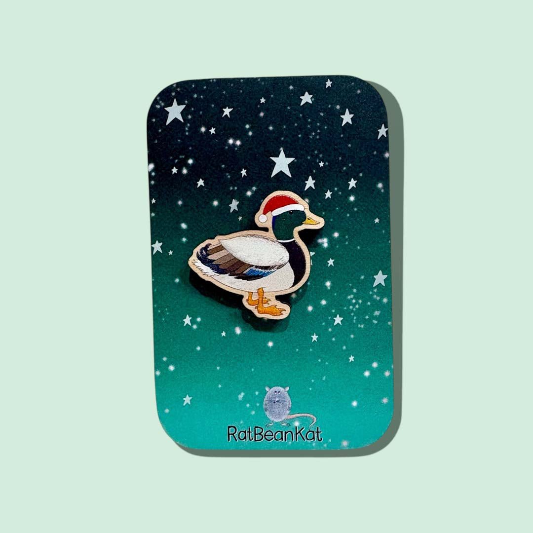 Festive Wooden Duck Pin Badge - Rat Bean Kat - Just Makers Rat Bean Kat