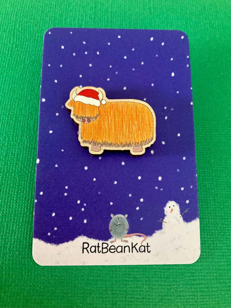 Festive Wooden Highland Cow Pin Badge - Rat Bean Kat_Just Makers