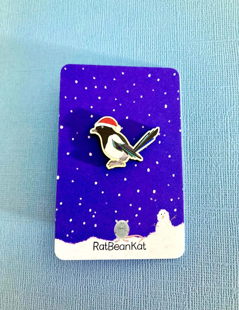 Festive Wooden Magpie Pin Badge - Rat Bean Kat_Just Makers