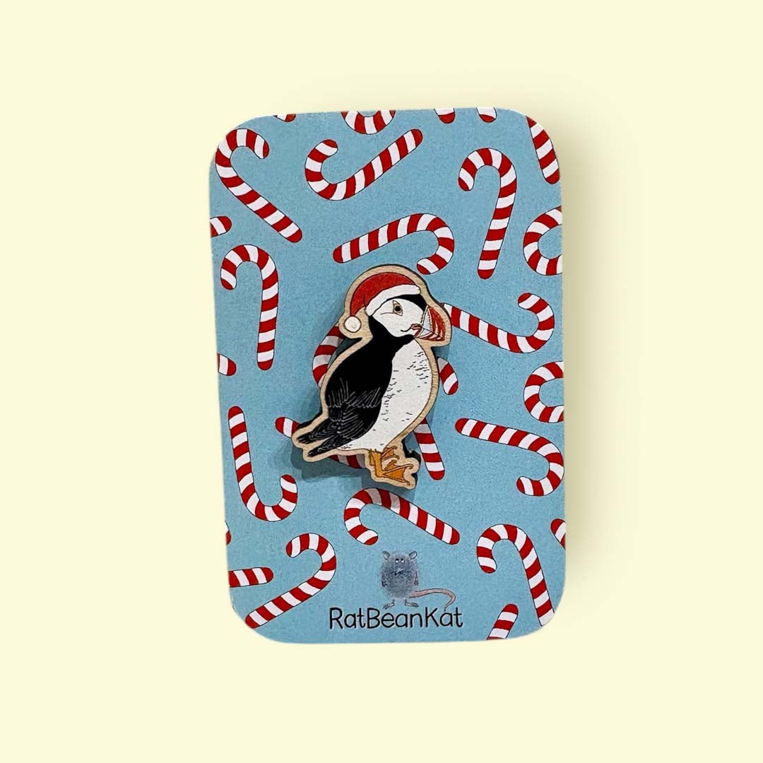 Festive Wooden Puffin Pin Badge - Rat Bean Kat - Just Makers Rat Bean Kat