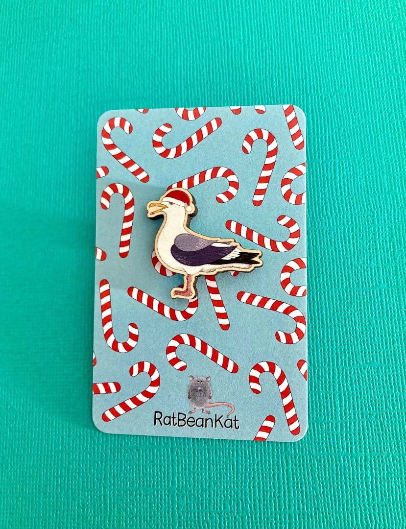 Festive Wooden Seagull Pin Badge - Rat Bean Kat - Just Makers Rat Bean Kat