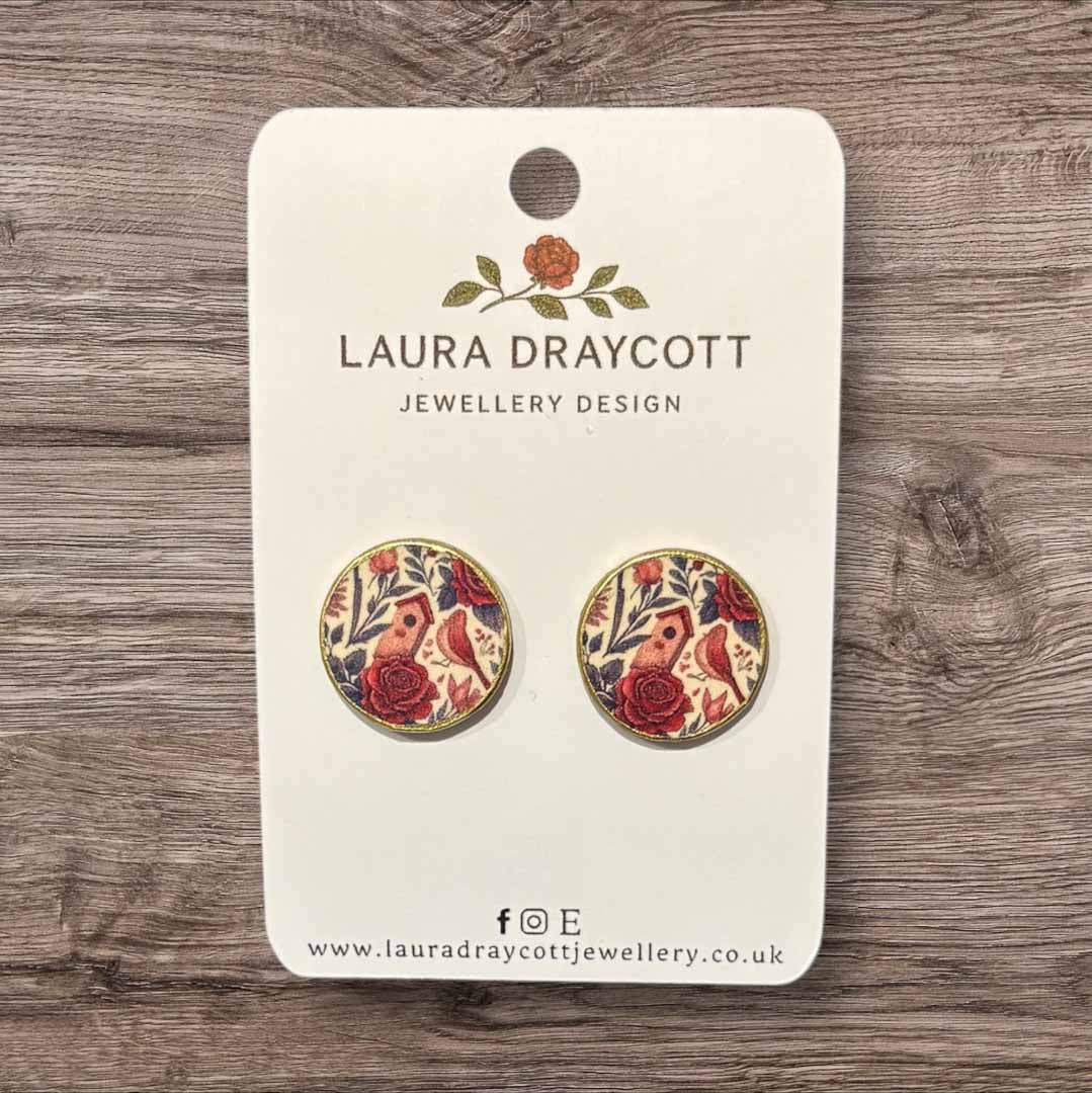 Floral Red Bird Round Stud Earrings - Laura Draycott - Just Makers Laura Draycott