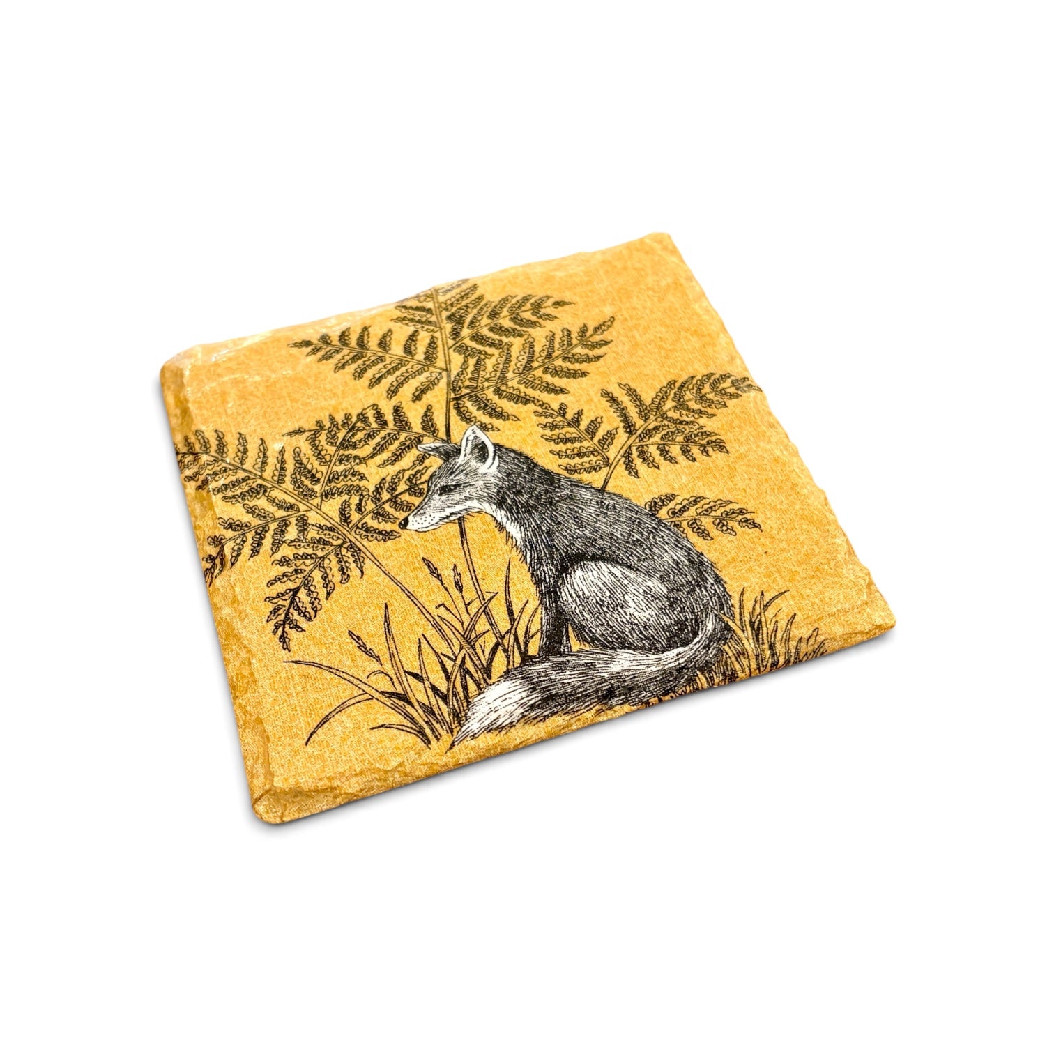A square yellow stone coaster featuring a detailed illustration of a gray fox sitting among ferns, shown on a clean white background.