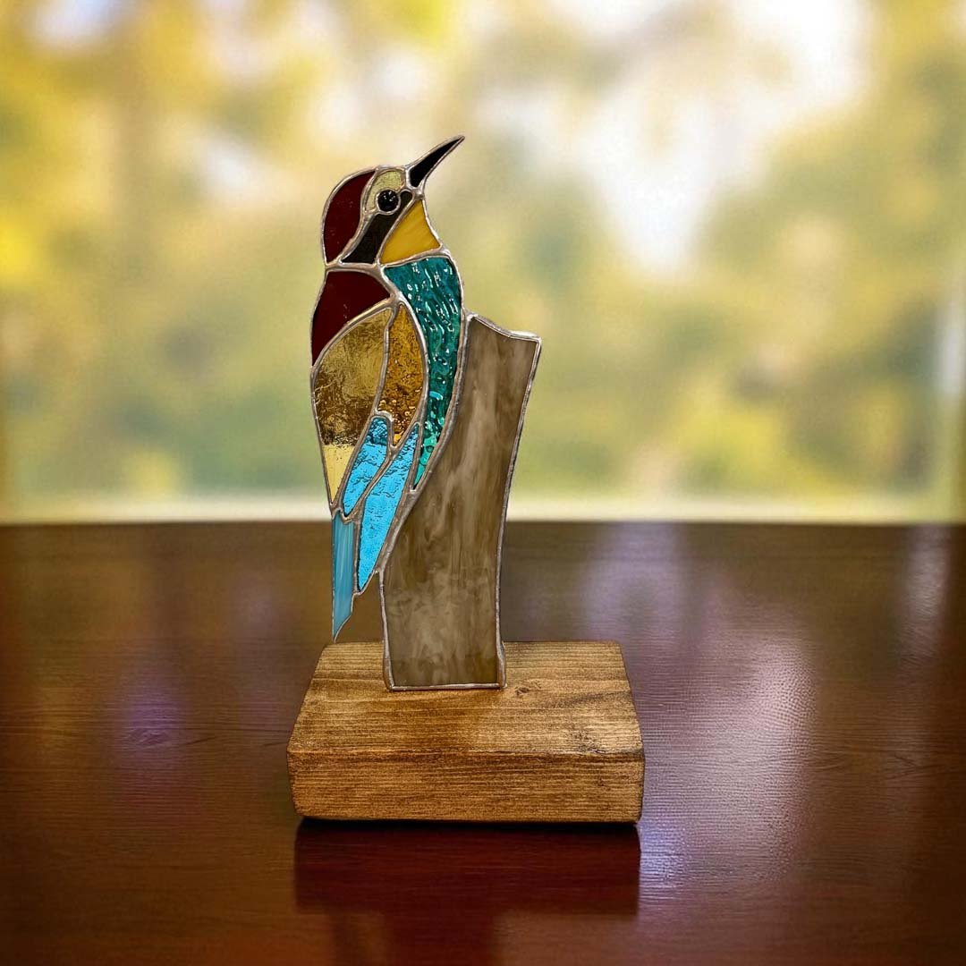 Glass Bee Eater on Wood - Dragonfly Glass Art - Just Makers Dragonfly Glass Art