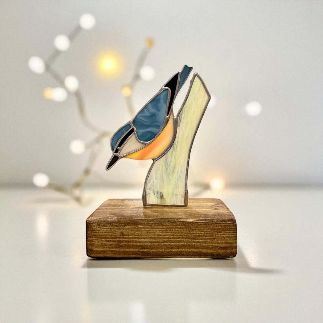 Glass Nuthatch on Wood - Dragonfly Glass Art - Just Makers Dragonfly Glass Art