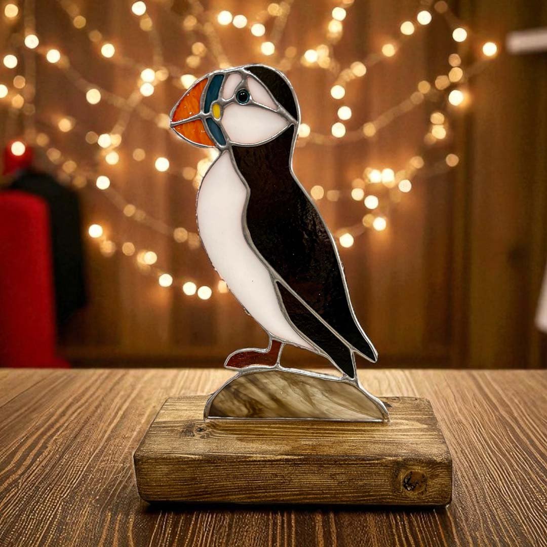 Glass Puffin on Wood - Dragonfly Glass Art - Just Makers Dragonfly Glass Art