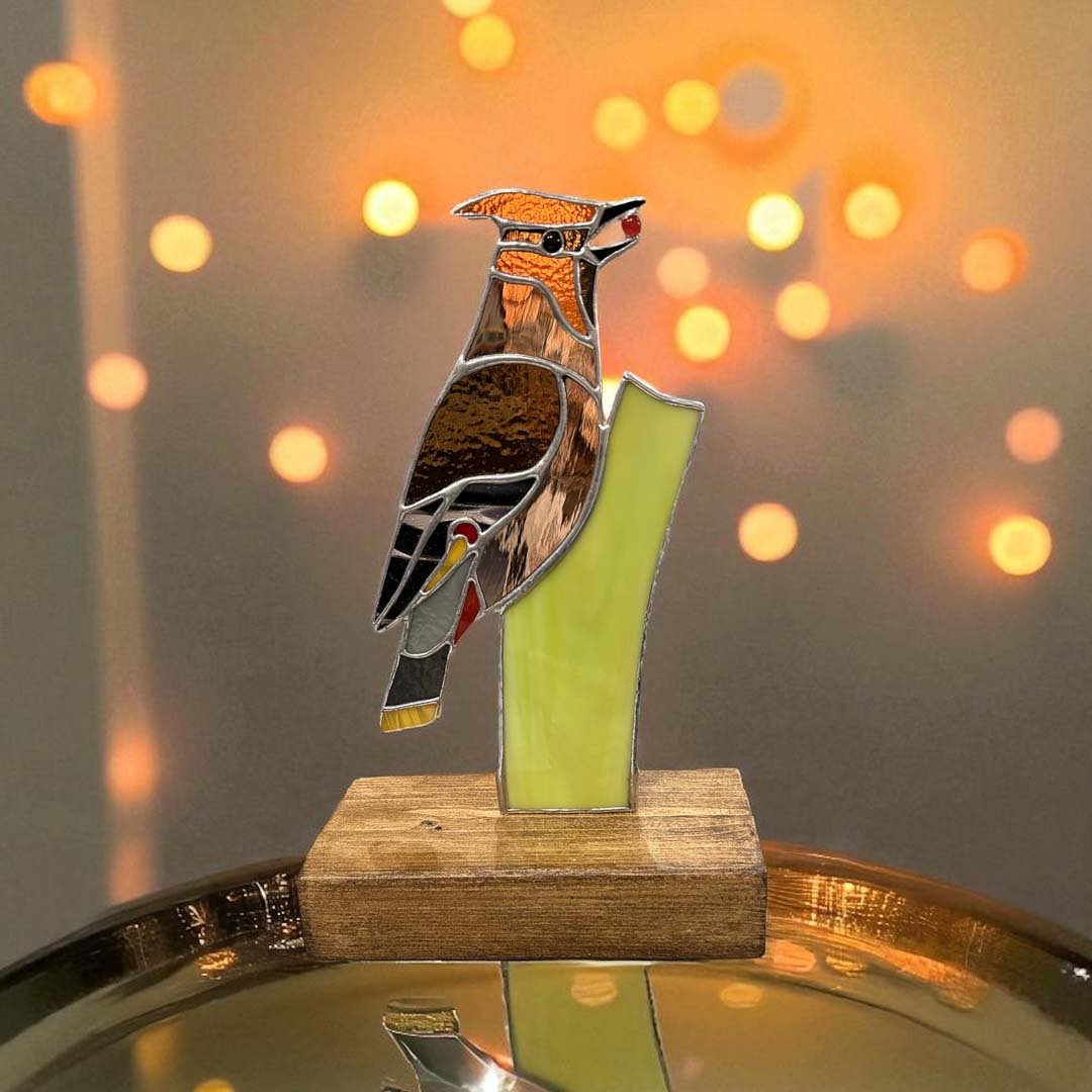 Glass Waxwing on Wood - Dragonfly Glass Art - Just Makers Dragonfly Glass Art