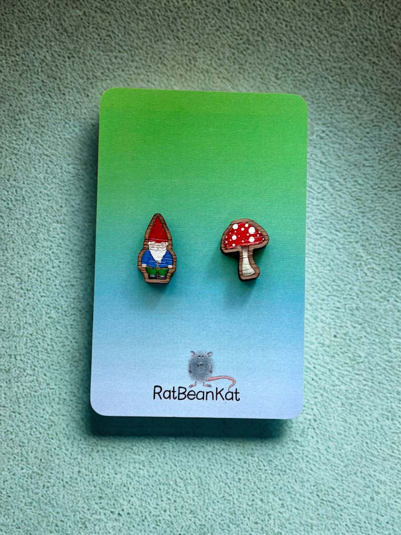 Gnome and Toadstool Wooden Earrings - Rat Bean Kat_Just Makers