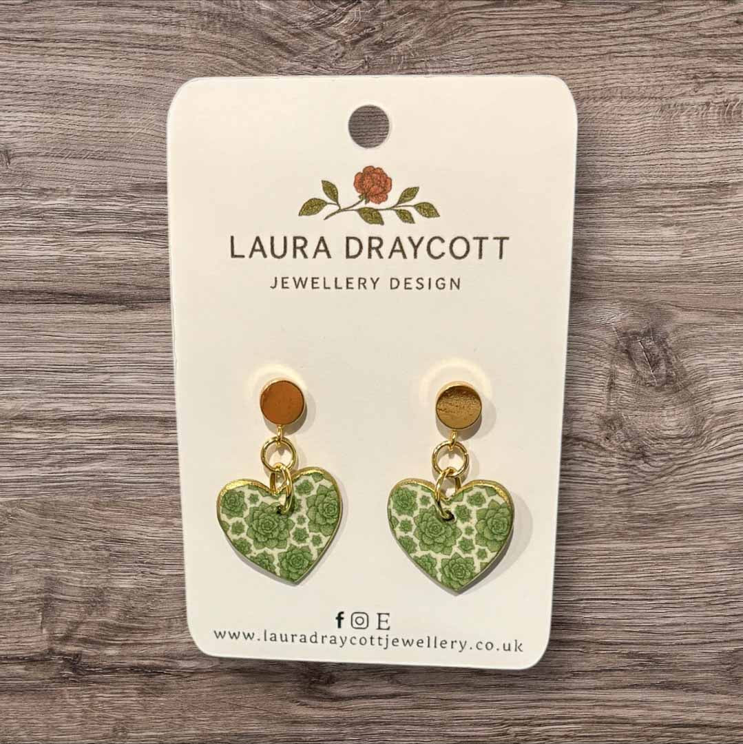 Green Floral Heart Drop Earrings - Laura Draycott - Just Makers Laura Draycott