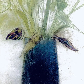 Artistic depiction of a plant with a blue vase and colorful butterfly-like creatures on a textured background_Gill Kirk_Just makers
