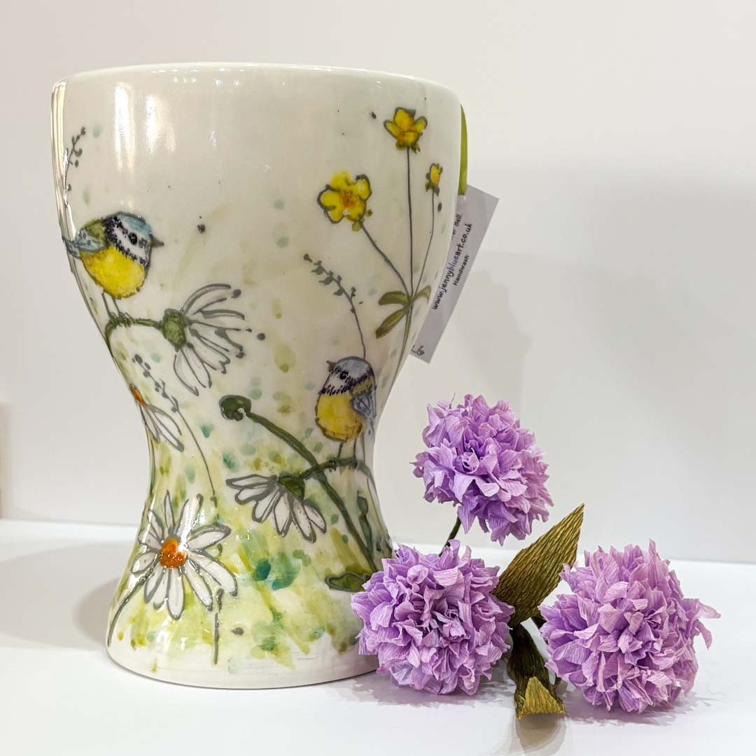Hand Painted Blue Tit Meadow Vase - Jenny Blue Art_Just Makers