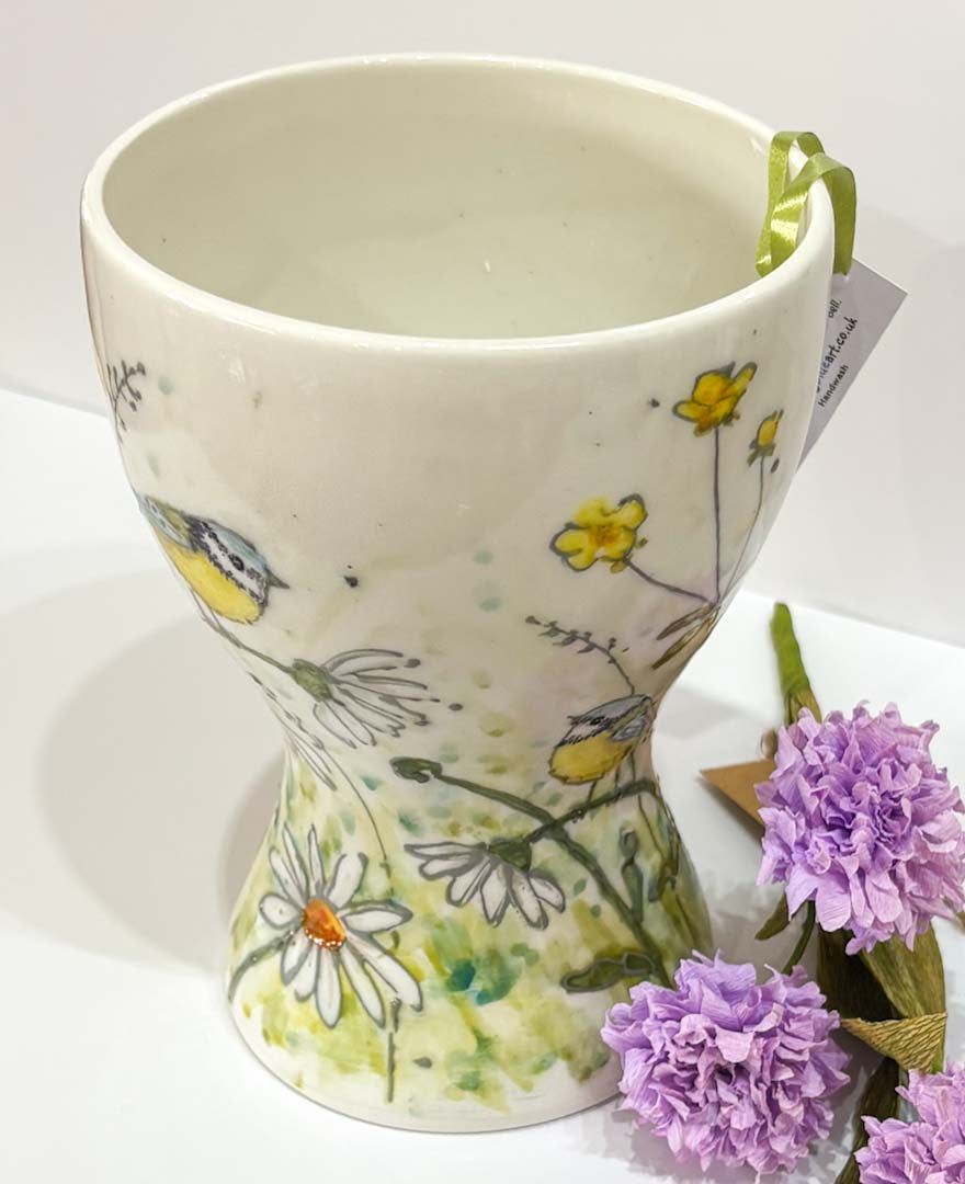 Hand Painted Blue Tit Meadow Vase - Jenny Blue Art_Just Makers
