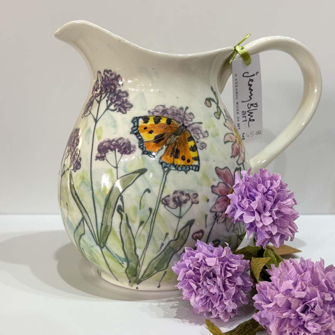 Hand Painted Butterfly and Flowers Jug - Jenny Blue Art_Just Makers