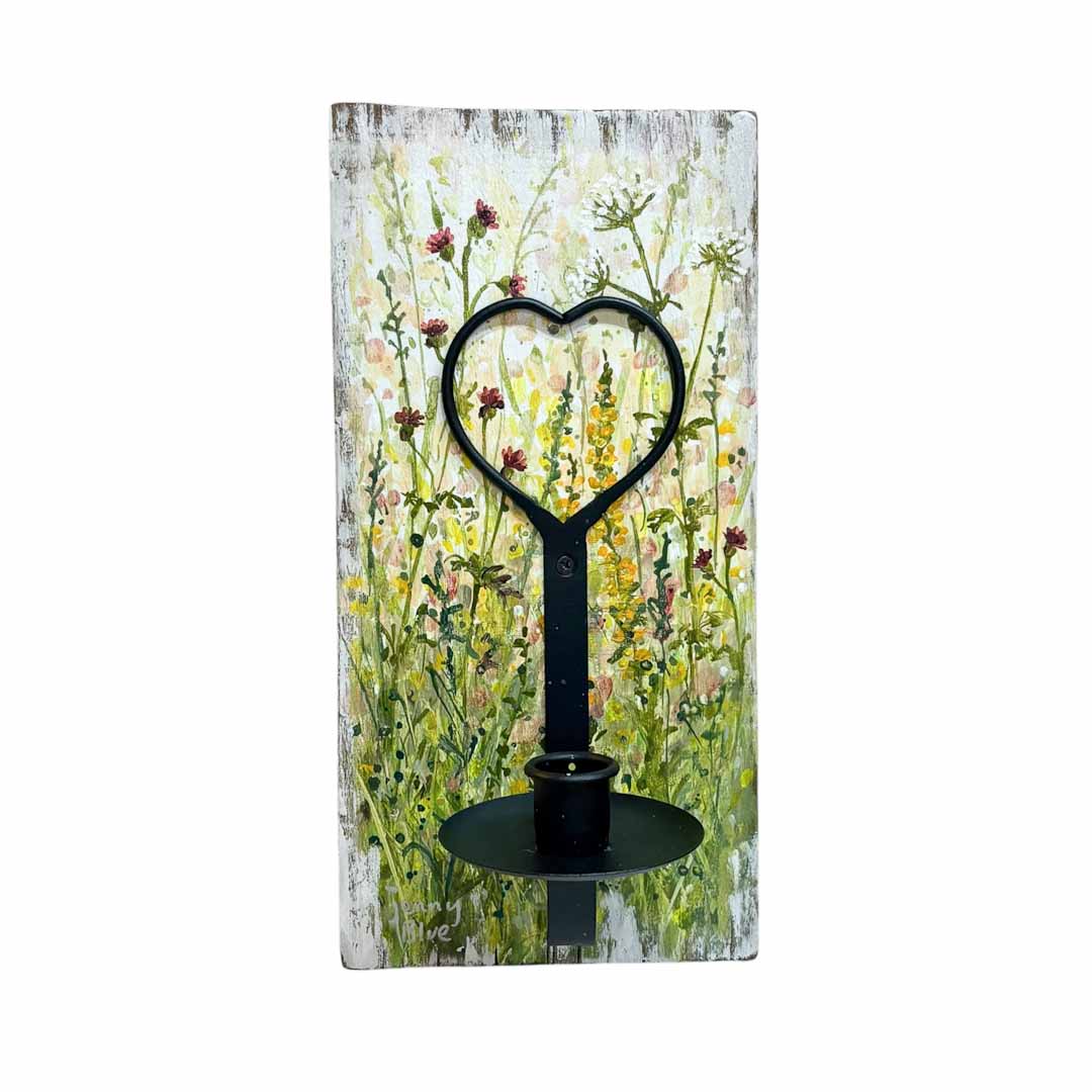 Hand Painted Flower Meadow Candle Holder and Wooden Tile - Jenny Blue Art_Just Makers