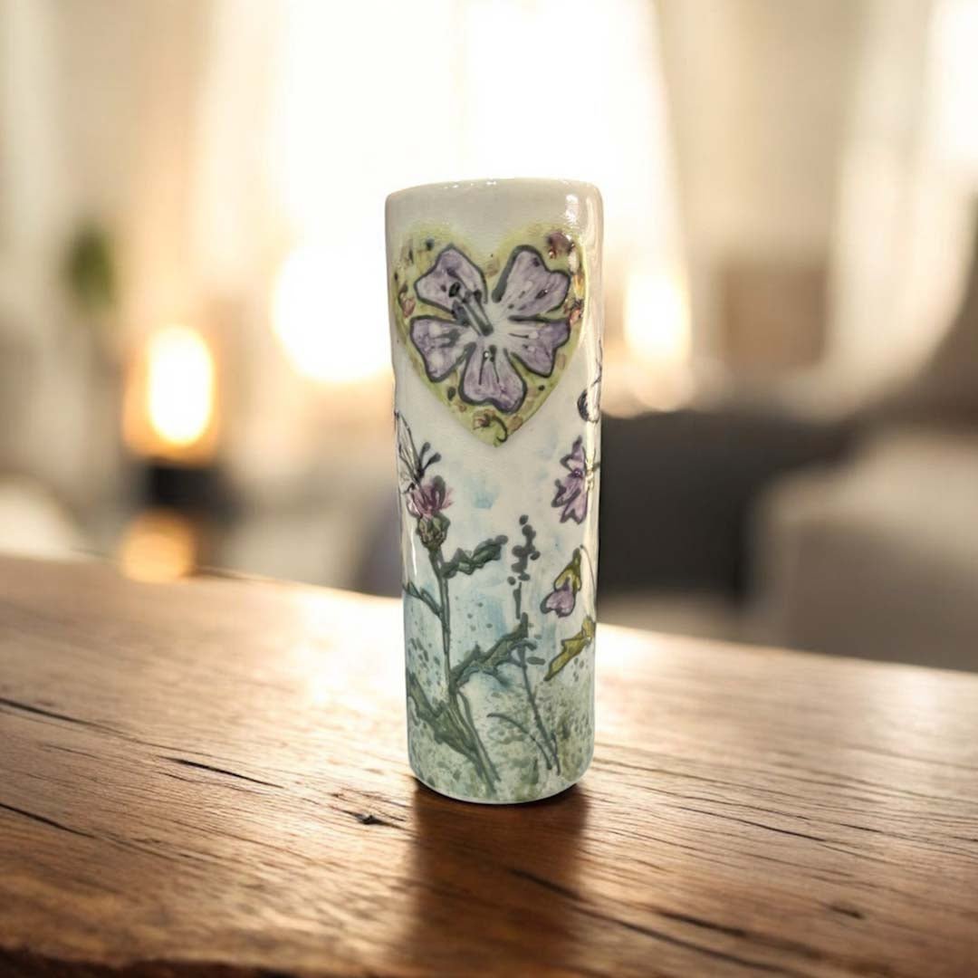 Hand Painted Heart Flower Meadow Tube Vase - Jenny Blue Art - Just Makers Jenny Blue Art