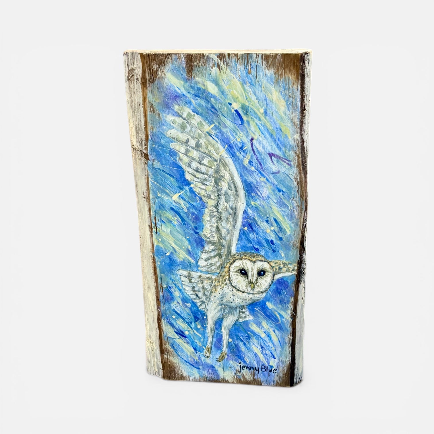 Hand Painted Owl in Flight Wooden Tile - Jenny Blue Art_Just Makers